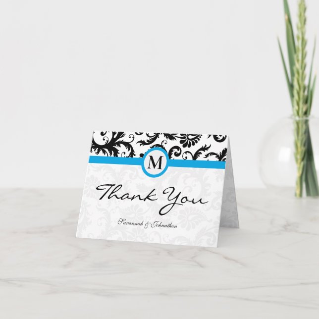 Cartão De Agradecimento Black Damask Aqua Borders Obrigado (Frente)