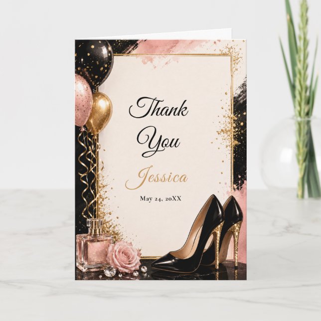 Cartão de Agradecimento Black Gold Blush Aniversár (Frente)