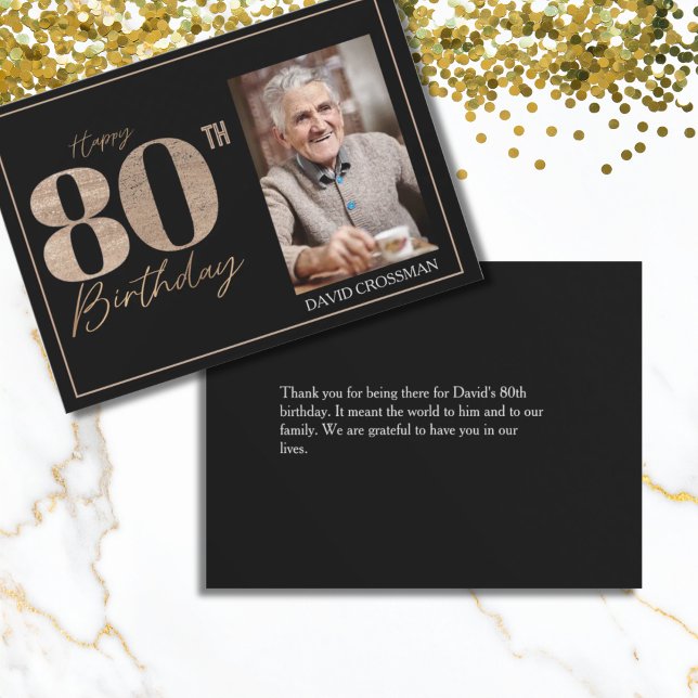 Cartão De Agradecimento Black & Gold Elegant Glitter 80th Photo Birthday  (Criador carregado)