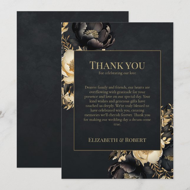 Cartão De Agradecimento Black & Gold Peony Wedding Thank You Card (Frente/Verso)