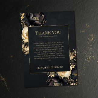 Cartão De Agradecimento Black & Gold Peony Wedding Thank You Card