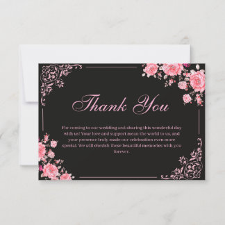 Cartão De Agradecimento Black & Pink Floral Wedding Thank You Card