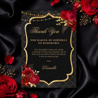 Cartão De Agradecimento Black, Red and Gold Flat Birthday Thank You Card