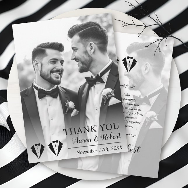 Cartão De Agradecimento Black tuxedo two grooms gay wedding photo (Criador carregado)