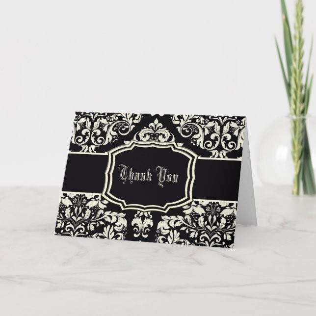 Cartão De Agradecimento Black & Vanilla Cream Damask (Frente)