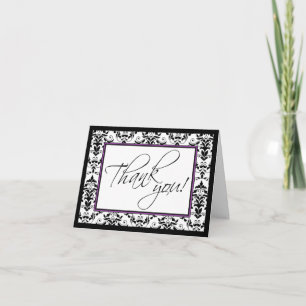 Cartão De Agradecimento Black & White Damask with Purple Thank You Card