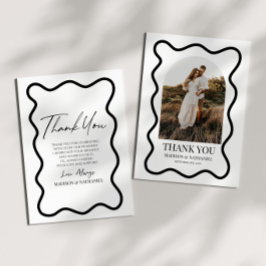 Cartão De Agradecimento Black White Elegant Wavy Border Photo Wedding