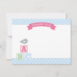 Cartão De Agradecimento Blocos ABC Rosa e Azul Passarinho Bebê Menina