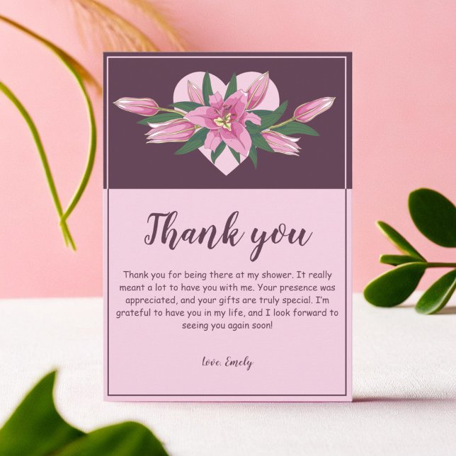 Cartão De Agradecimento Blooming Lily Sweet Heart Chá de fraldas/ Aniversá (Blooming Lily Sweet Heart Baby Shower/ Birthday Thank You Card)