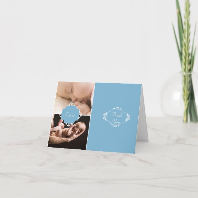 Cartão De Agradecimento Blue and Brown Baby Giraffe Obrigado (Frente)