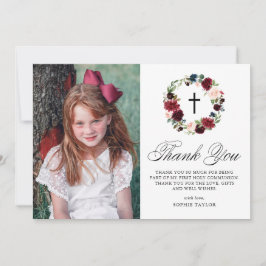 Cartão De Agradecimento Blue and Burgundy Floral Wreath First Commune