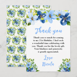 Cartão De Agradecimento Blue and Navy Flowers with Foliage Birthday