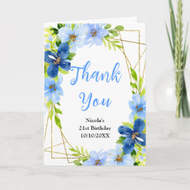 Cartão De Agradecimento Blue and Navy Flowers with Foliage Birthday