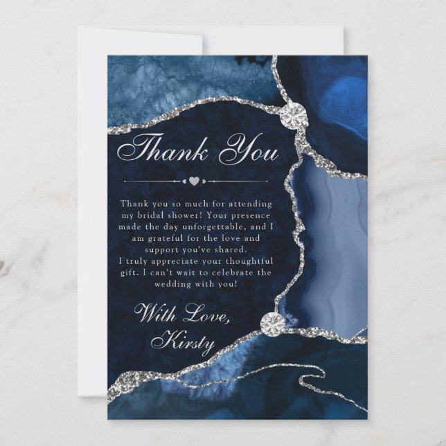 Cartão De Agradecimento Blue and Silver Faux Glitter Agate Bridal Shower (Frente)