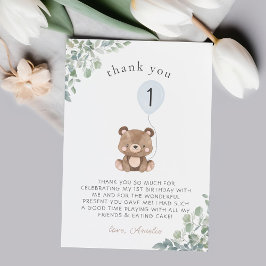 Cartão De Agradecimento Blue Balloon Greenery Bear Teddy Primeiro Aniversá