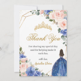 Cartão De Agradecimento Blue Blush Floral Princesa Tiara Quinceañera 15