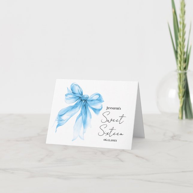 Cartão De Agradecimento Blue Bow Coquette Script Obrigado Doce 16  (Frente)