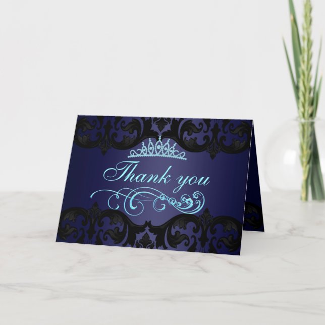 Cartão de Agradecimento Blue Damask & Swirl (Frente)