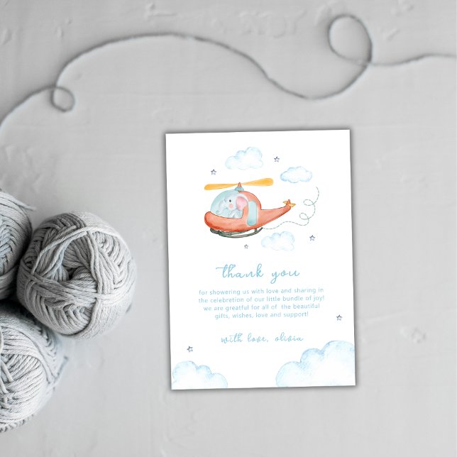 Cartão De Agradecimento Blue Elephant Helicopter Airplane Baby Shower  (Blue Elephant Helicopter Airplane Baby Shower Thank You Card)