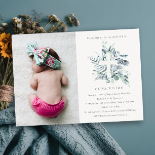 Cartão De Agradecimento Blue Eucalyptus Fauna Cross Fotografia Baptism Con