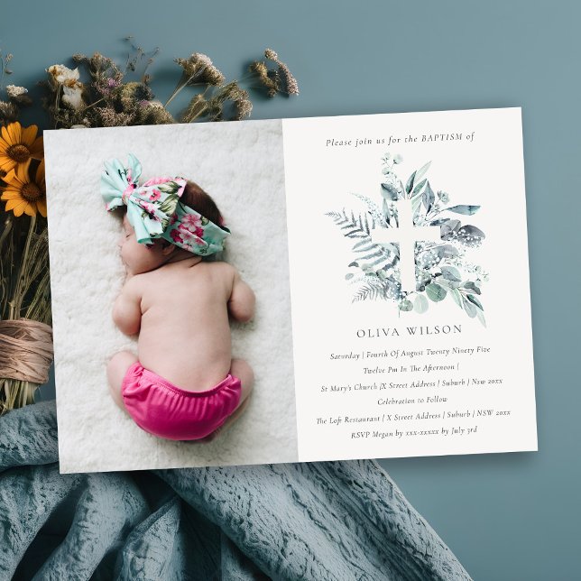 Cartão De Agradecimento Blue Eucalyptus Fauna Cross Fotografia Baptism Con (Criador carregado)