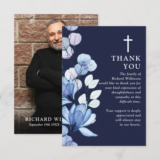 Cartão De Agradecimento Blue Floral Christian Celebration Of Life Photo (Frente/Verso)