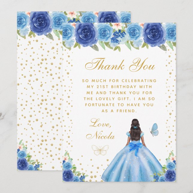 Cartão De Agradecimento Blue Floral Dark Skin Princess Birthday Party (Frente/Verso)