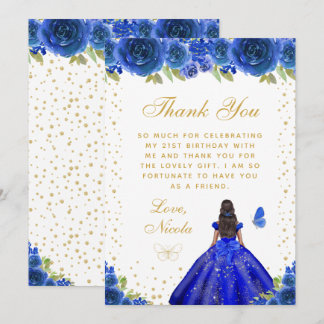 Cartão De Agradecimento Blue Floral Dark Skin Princess Birthday Party