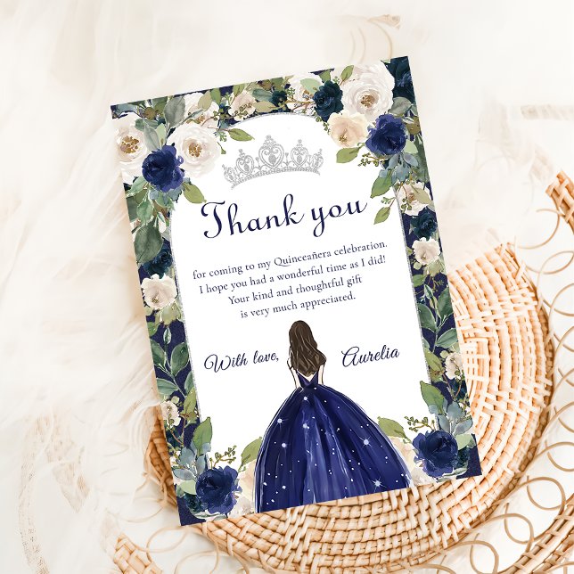 Cartão De Agradecimento Blue Floral Princess Quinceanera Birthday (Criador carregado)