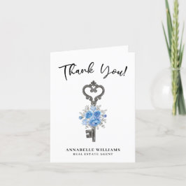 Cartão De Agradecimento Blue Floral Watercolor Key Real Estate Agent