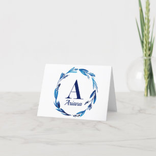 Cartão De Agradecimento Blue Floral Wreath Monograma 'A'