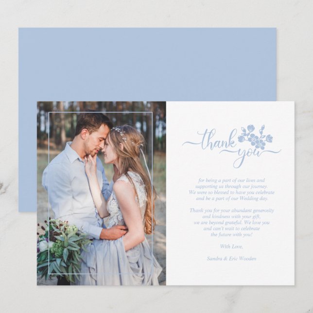 Cartão De Agradecimento Blue Floral Wreath Photo Card Wedding Couple (Frente/Verso)