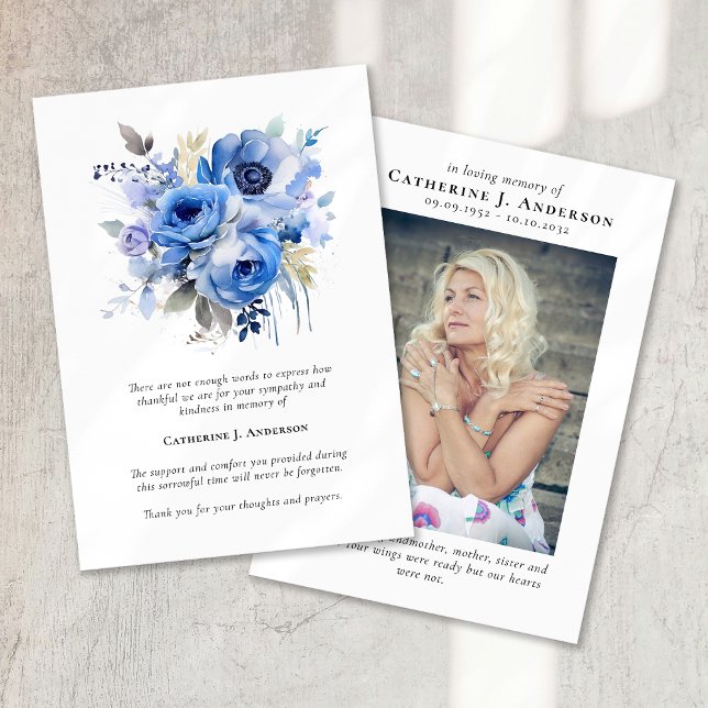 Cartão De Agradecimento Blue Flowers Foto Simpatia Funeral Memorial (Criador carregado)