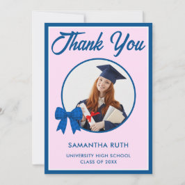 Cartão De Agradecimento Blue Gingham Bow Photo Graduation