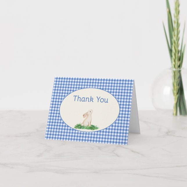 Cartão De Agradecimento Blue Gingham Bunny Thank you Note (Frente)