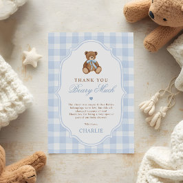 Cartão De Agradecimento Blue Gingham Elegant Teddy Bear Baby Shower