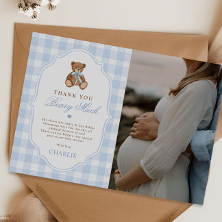 Cartão De Agradecimento Blue Gingham Elegant Teddy Bear Baby Shower Photo