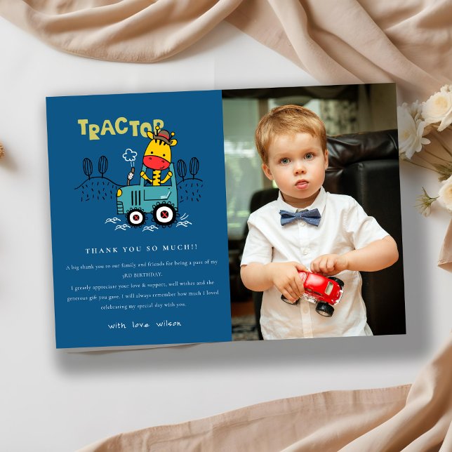 Cartão De Agradecimento Blue Giraffe in Fazenda Trator Boys Foto Aniversár (Criador carregado)