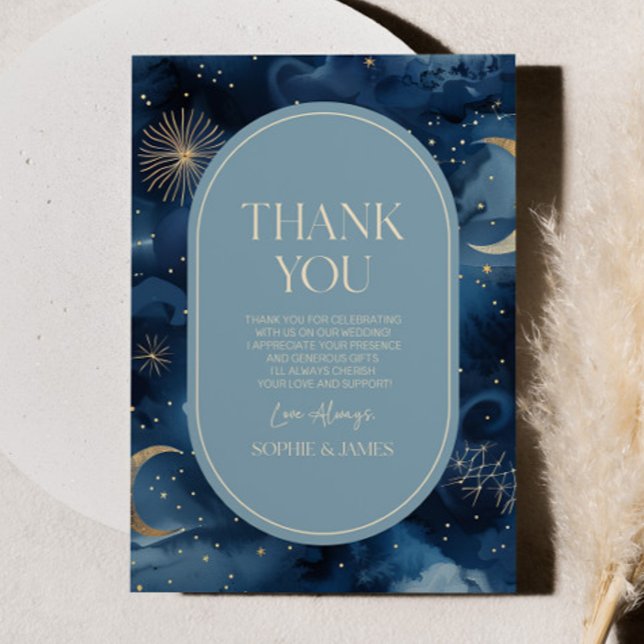 Cartão De Agradecimento Blue Gold Celestial Elegant Starry Sky Wedding (Criador carregado)