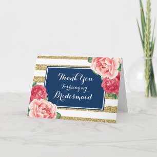Cartão De Agradecimento Blue Gold Stripes Pink Floral Thanks Bridesmaid