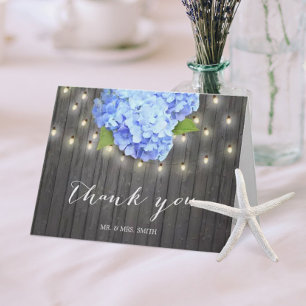 Cartão De Agradecimento Blue Hydrangea String Lights Barn Wood Obrigado