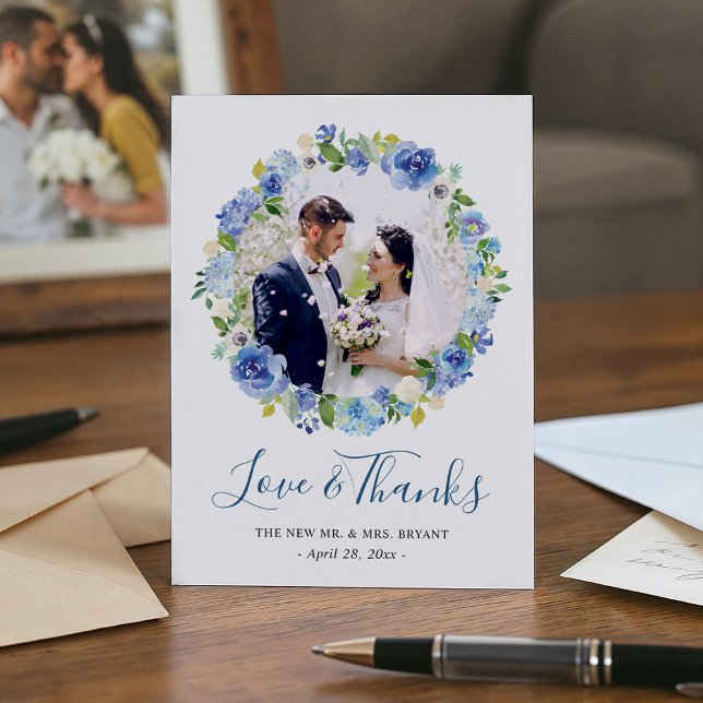 Cartão De Agradecimento Blue Hydrangeas Floral Wreath Foto de agradeciment (Criador carregado)