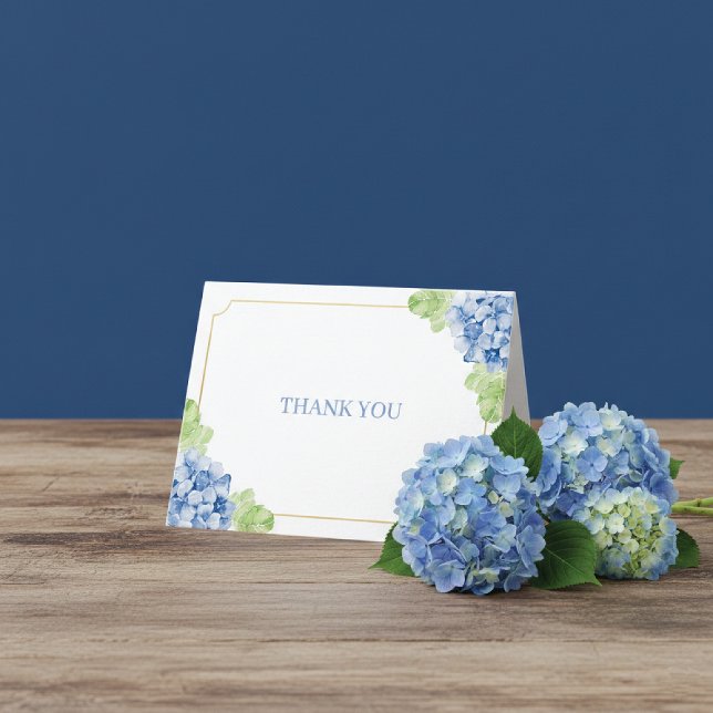 Cartão De Agradecimento Blue Hydrangeas Gold Frame Wedding (Criador carregado)