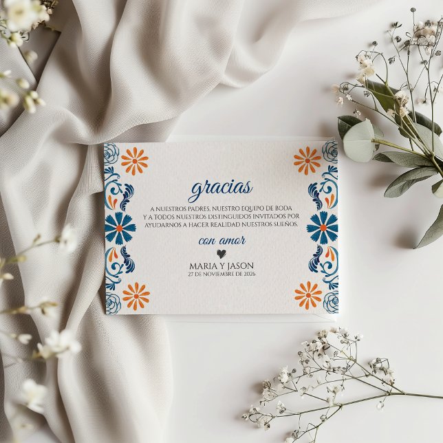 Cartão De Agradecimento Blue Orange Floral Elegant Fiesta Spanish Wedding (Blue Orange Floral Elegant Fiesta Spanish Wedding Thank You Card)