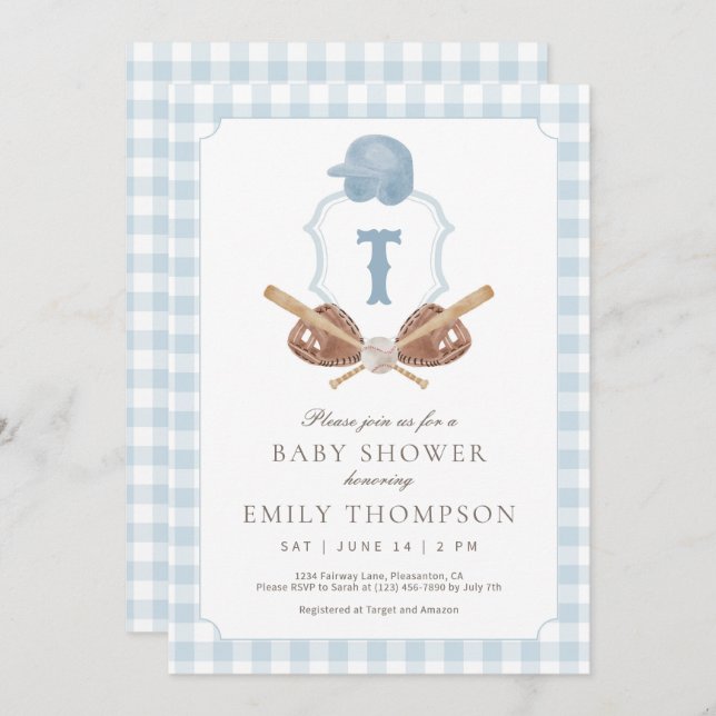 Cartão De Agradecimento Blue Preppy Baseball Crest Baby Shower Invitation (Frente/Verso)