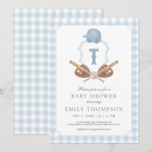 Blue Preppy Baseball Crest Baby Shower Invitation