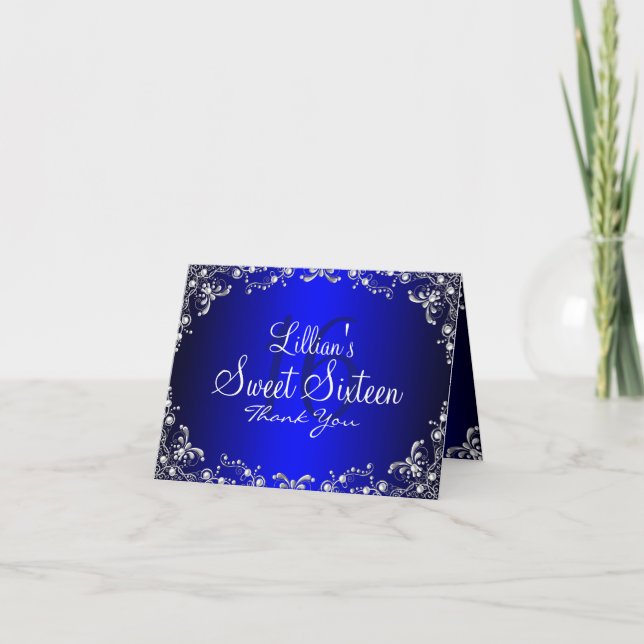 Cartão de Agradecimento Blue Silver Pearl Damask S (Frente)