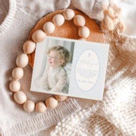 Cartão De Agradecimento Blue Striped Baptism Flat Thank You Card