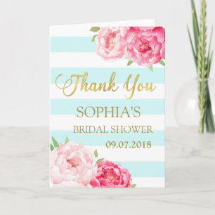 Cartão De Agradecimento Blue Stripes Pink Floral Bridal Shower Thank You