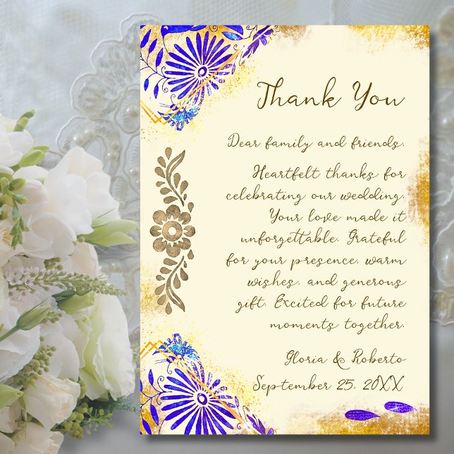 Cartão De Agradecimento Blue Talavera Gold Baroque Wedding (A timeless thank you card blending rustic gold textures and blue Mexican floral artistry.)
